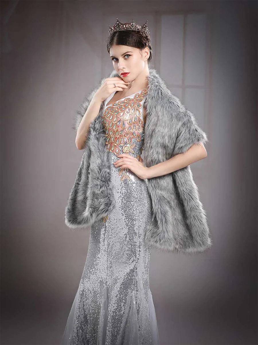 2025 Soft Women's Grey gradient Long-pile Faux fur Shawl