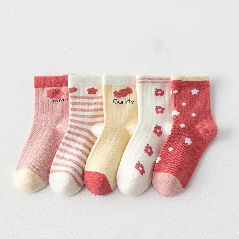 5 Pairs Pink And White Soft Warm Cotton Socks
