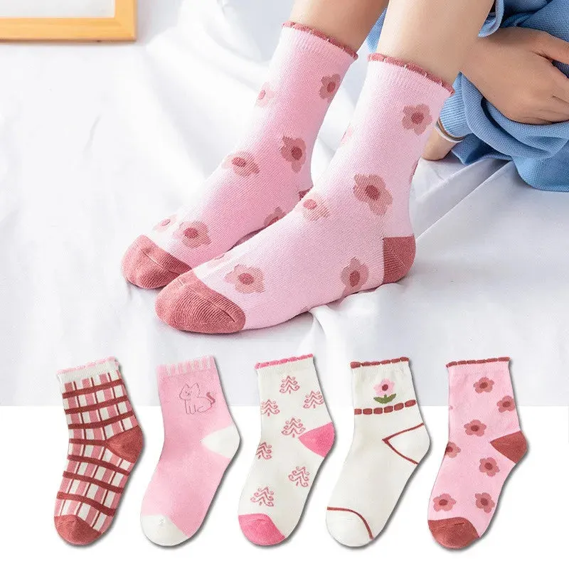 5 Pairs Pink And White Soft Warm Cotton Socks