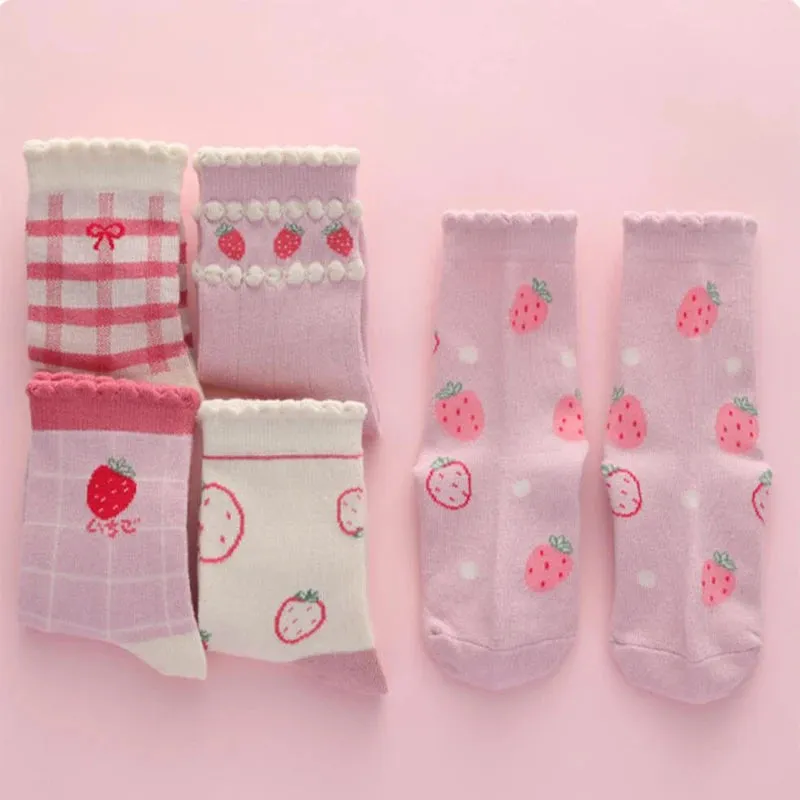 5 Pairs Pink And White Soft Warm Cotton Socks
