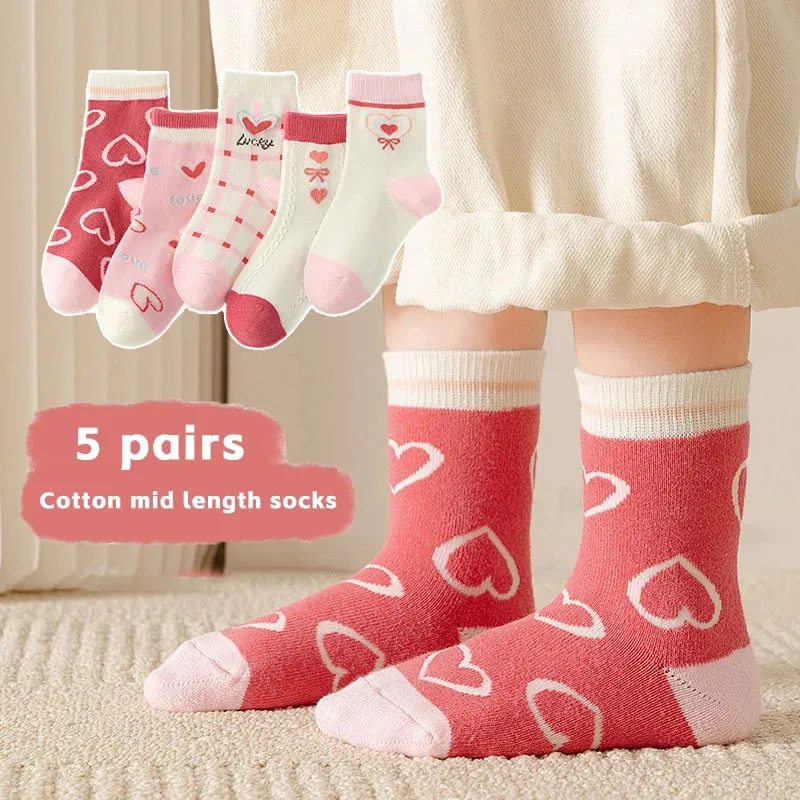 5 Pairs Pink And White Soft Warm Cotton Socks