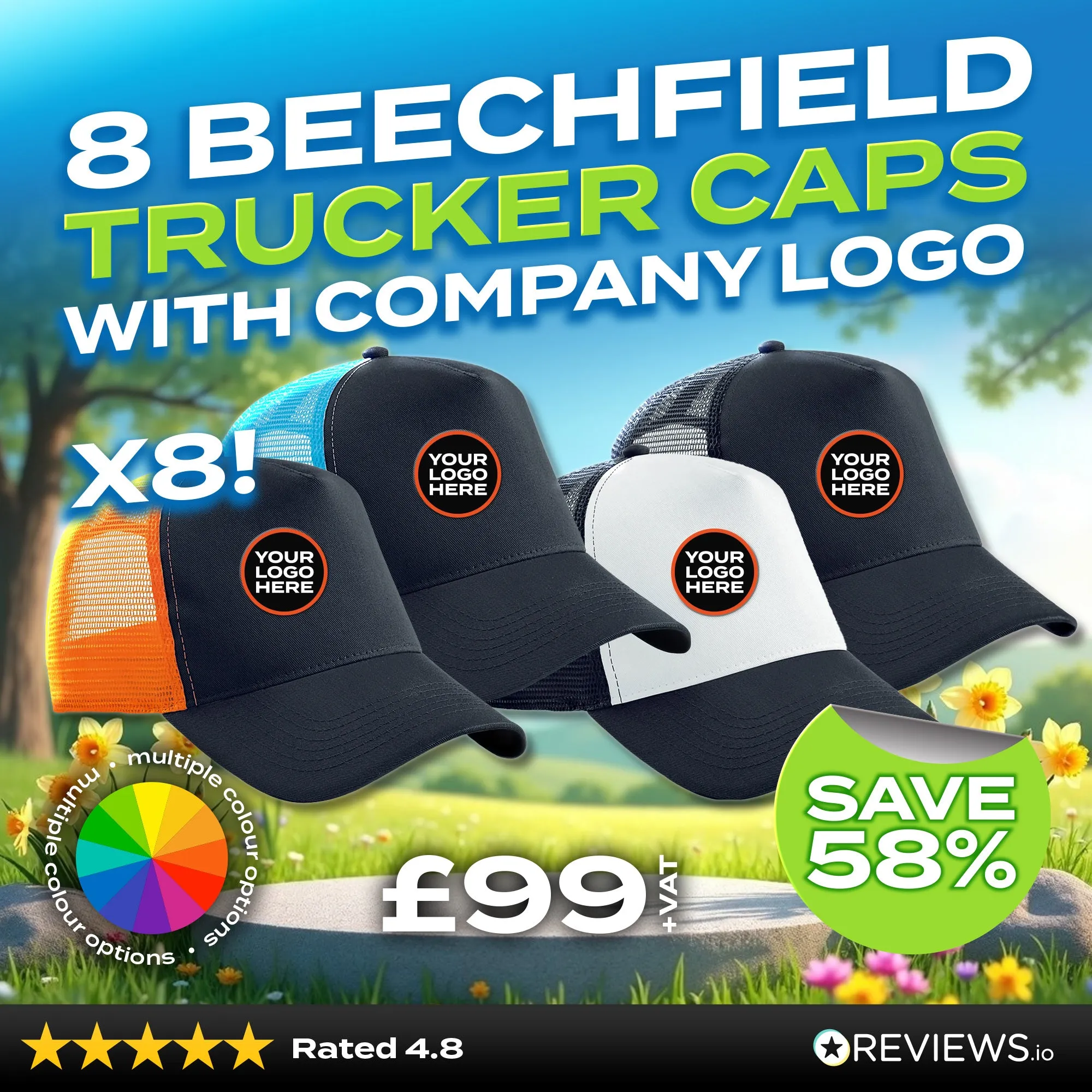 8x Beechfield Embroidered/Printed Trucker Caps Bundle with Company Logo
