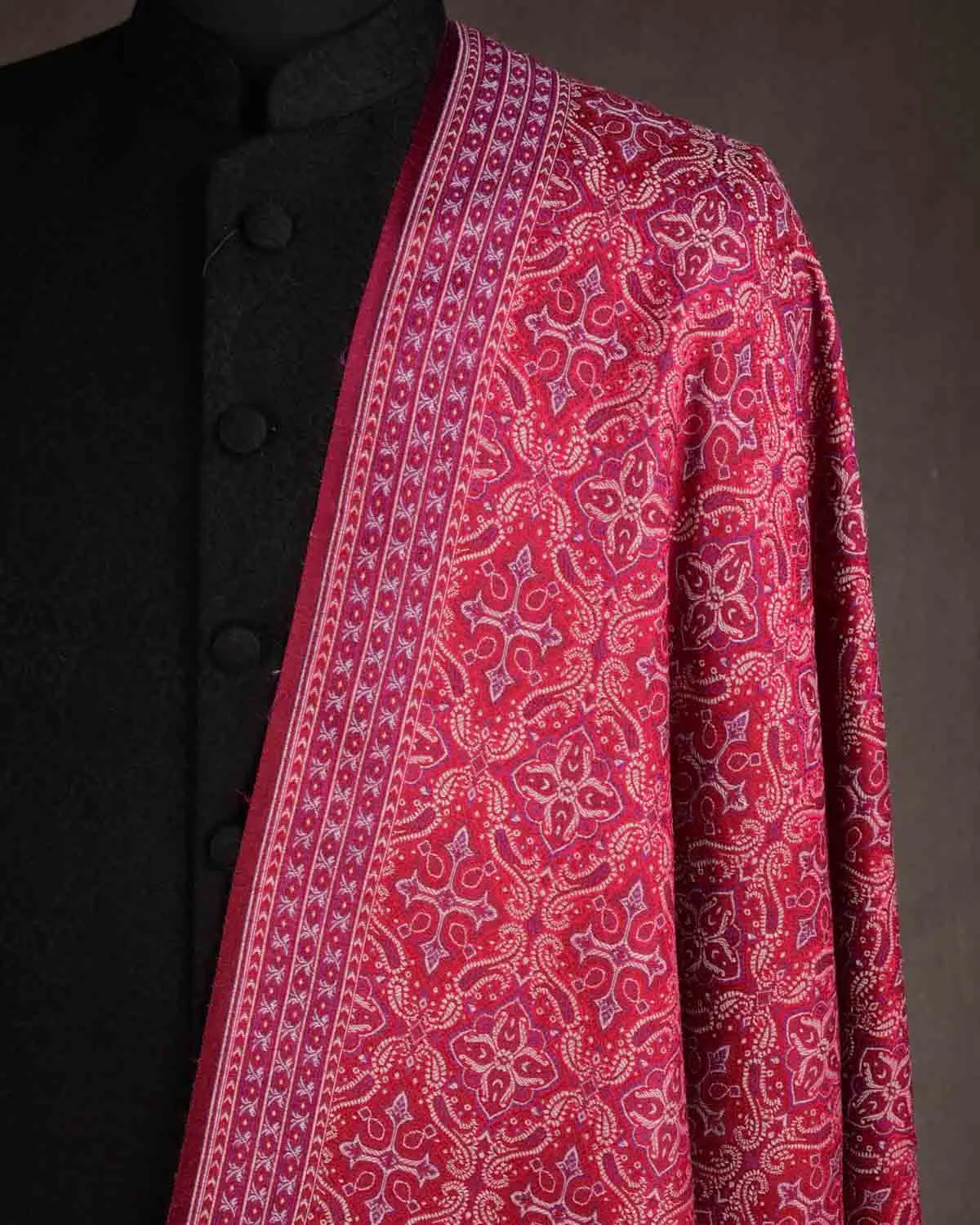 Beige On Maroon Tehra Traditional Jamawar Handwoven Silk Wool Unisex Dress Shawl