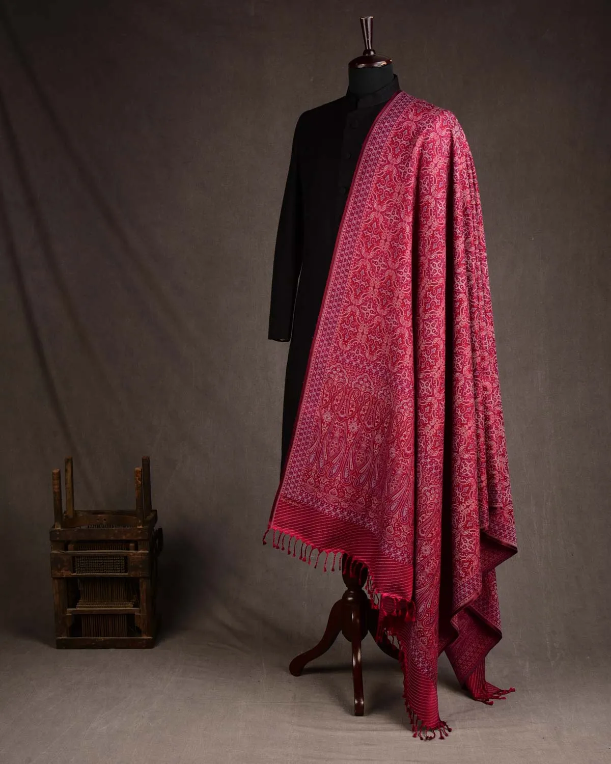 Beige On Maroon Tehra Traditional Jamawar Handwoven Silk Wool Unisex Dress Shawl