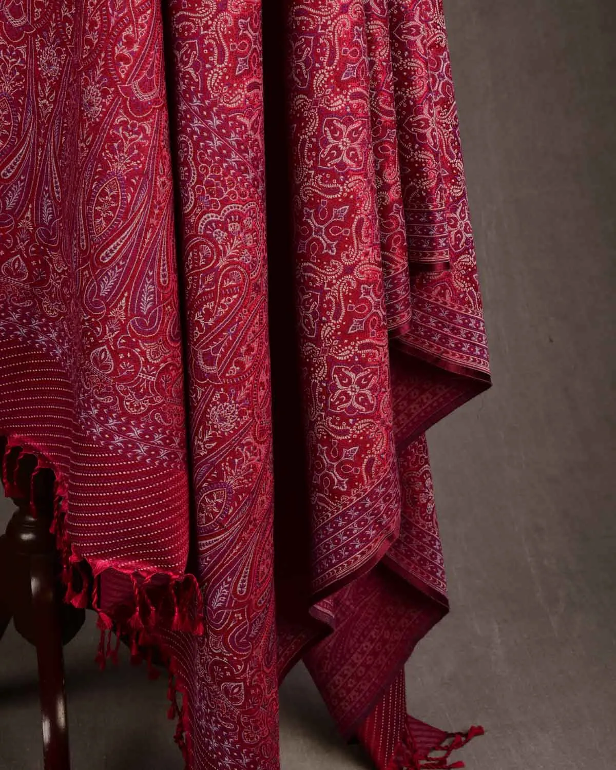 Beige On Maroon Tehra Traditional Jamawar Handwoven Silk Wool Unisex Dress Shawl