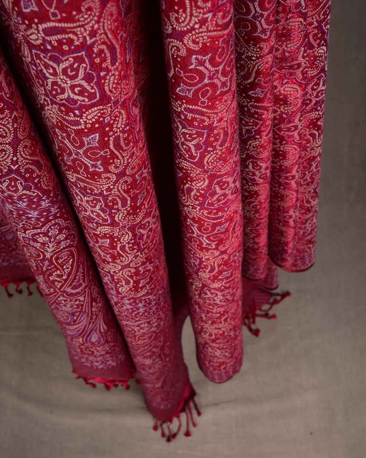Beige On Maroon Tehra Traditional Jamawar Handwoven Silk Wool Unisex Dress Shawl
