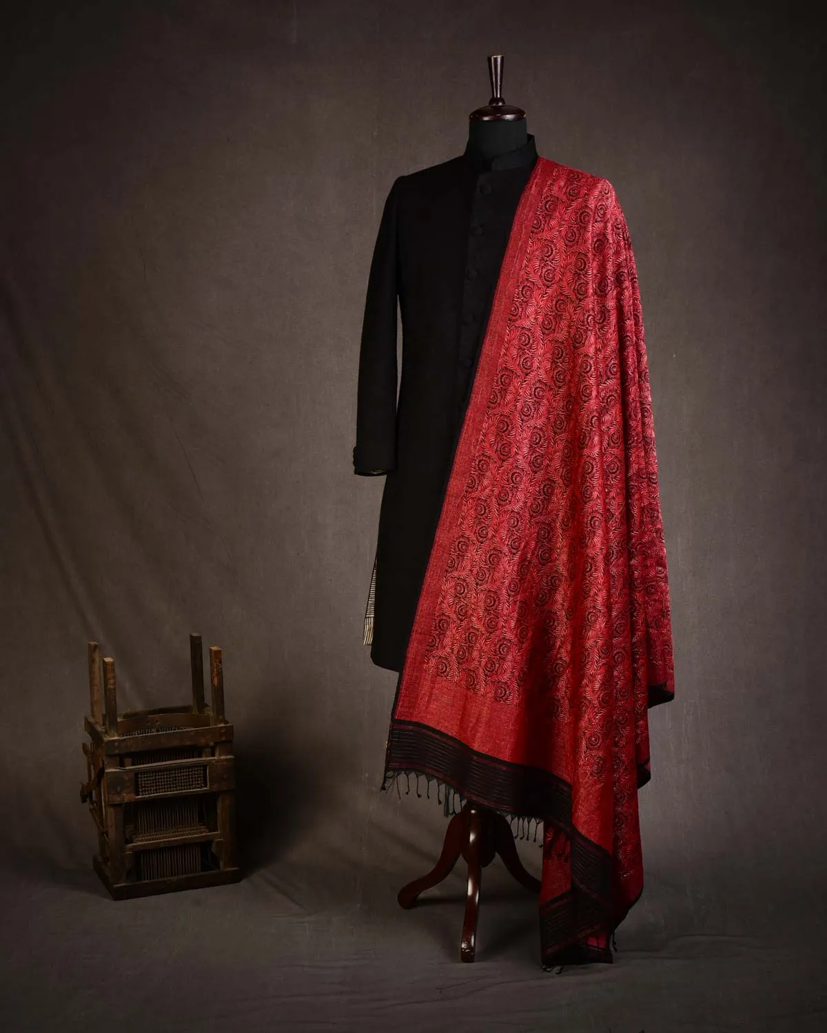 Black & Metallic Red Morpankh Brocade Handwoven Silk Wool Unisex Dress Shawl
