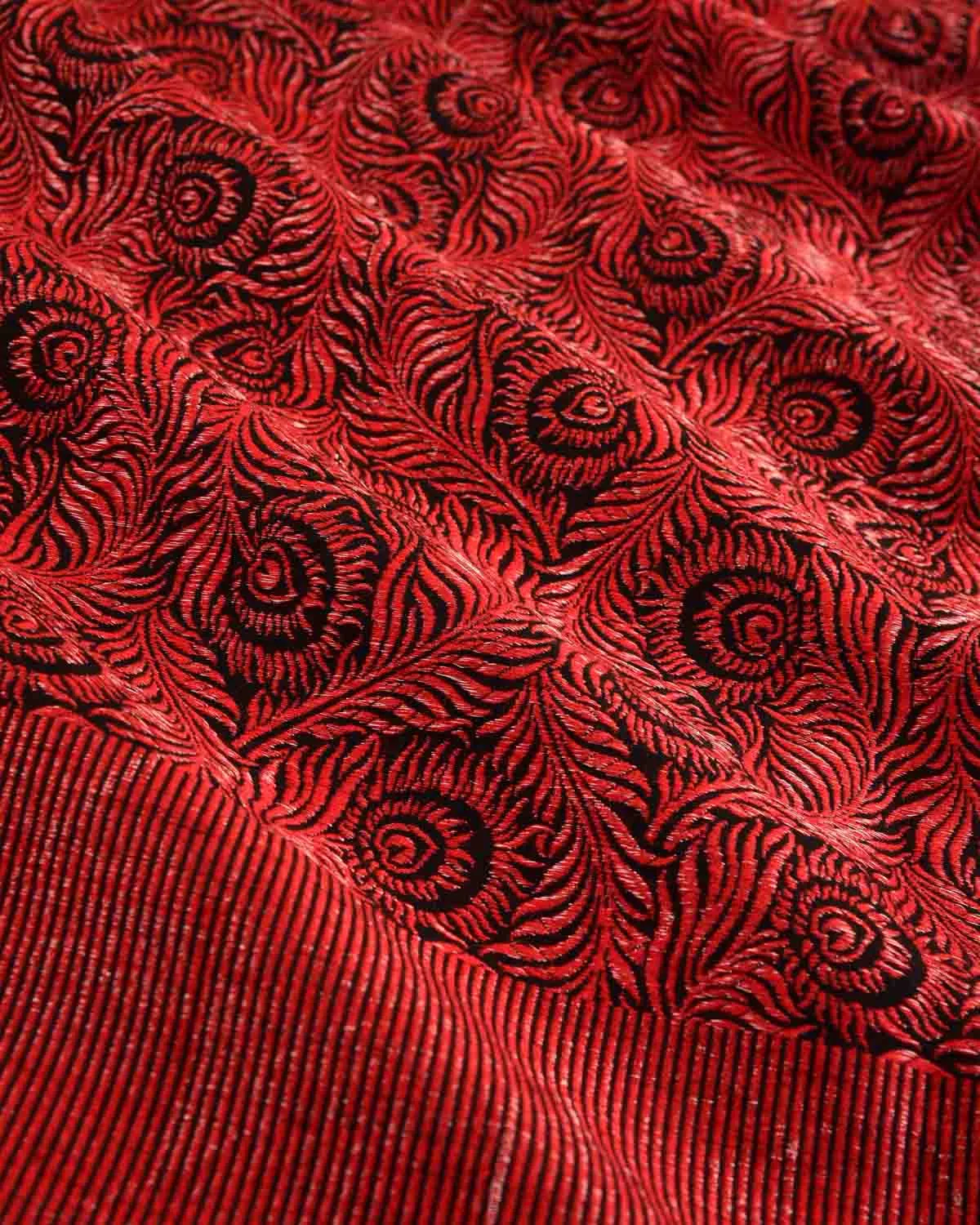 Black & Metallic Red Morpankh Brocade Handwoven Silk Wool Unisex Dress Shawl
