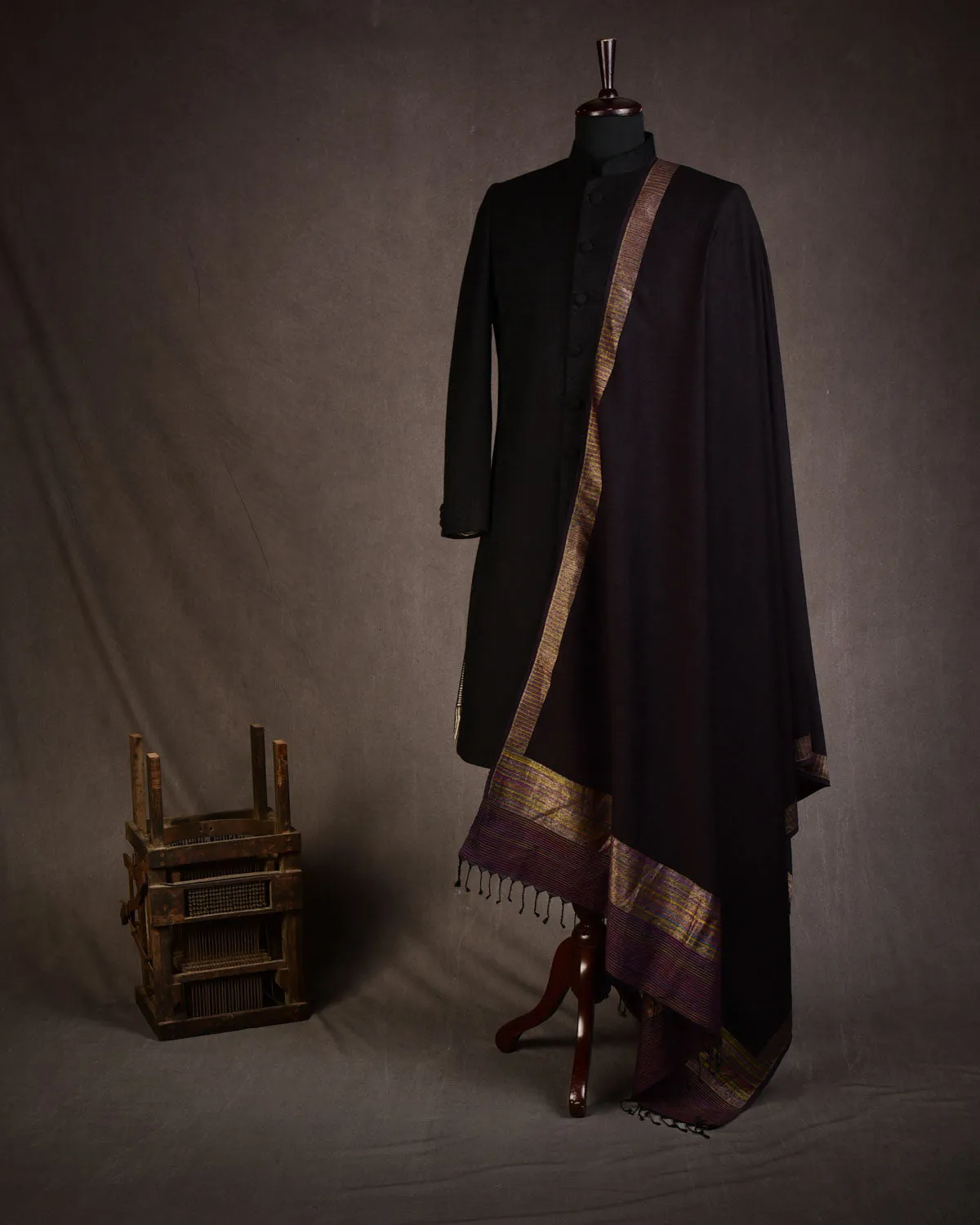 Blush Black Banarasi Multi Color Zari Border Pallu Brocade Handwoven Silk Wool Unisex Dress Shawl
