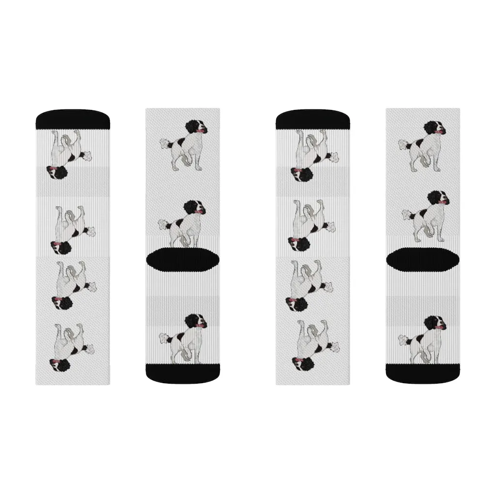 English Springer Spaniel Sublimation Socks, 3 Sizes, Ribbed Tube, 95% Polyester, Background Color Can Be Changed, Made in the USA!!