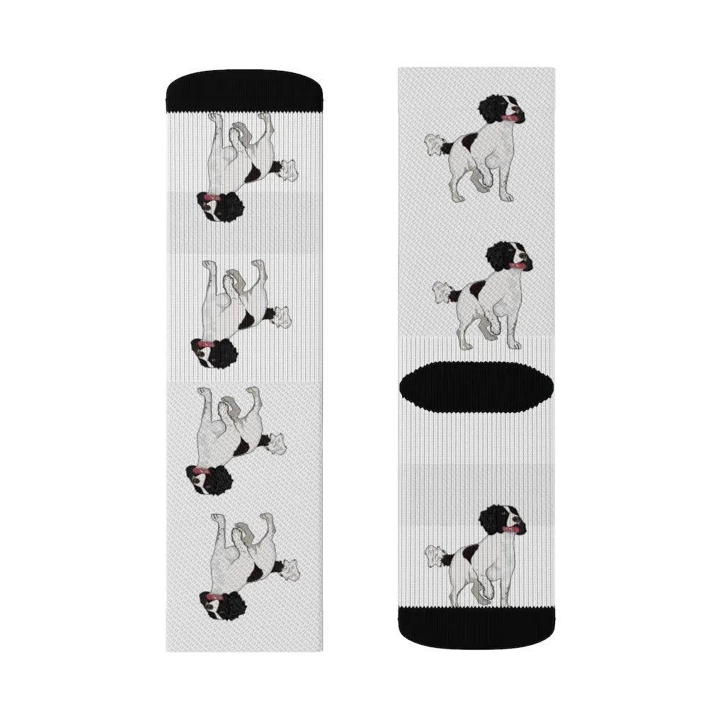 English Springer Spaniel Sublimation Socks, 3 Sizes, Ribbed Tube, 95% Polyester, Background Color Can Be Changed, Made in the USA!!