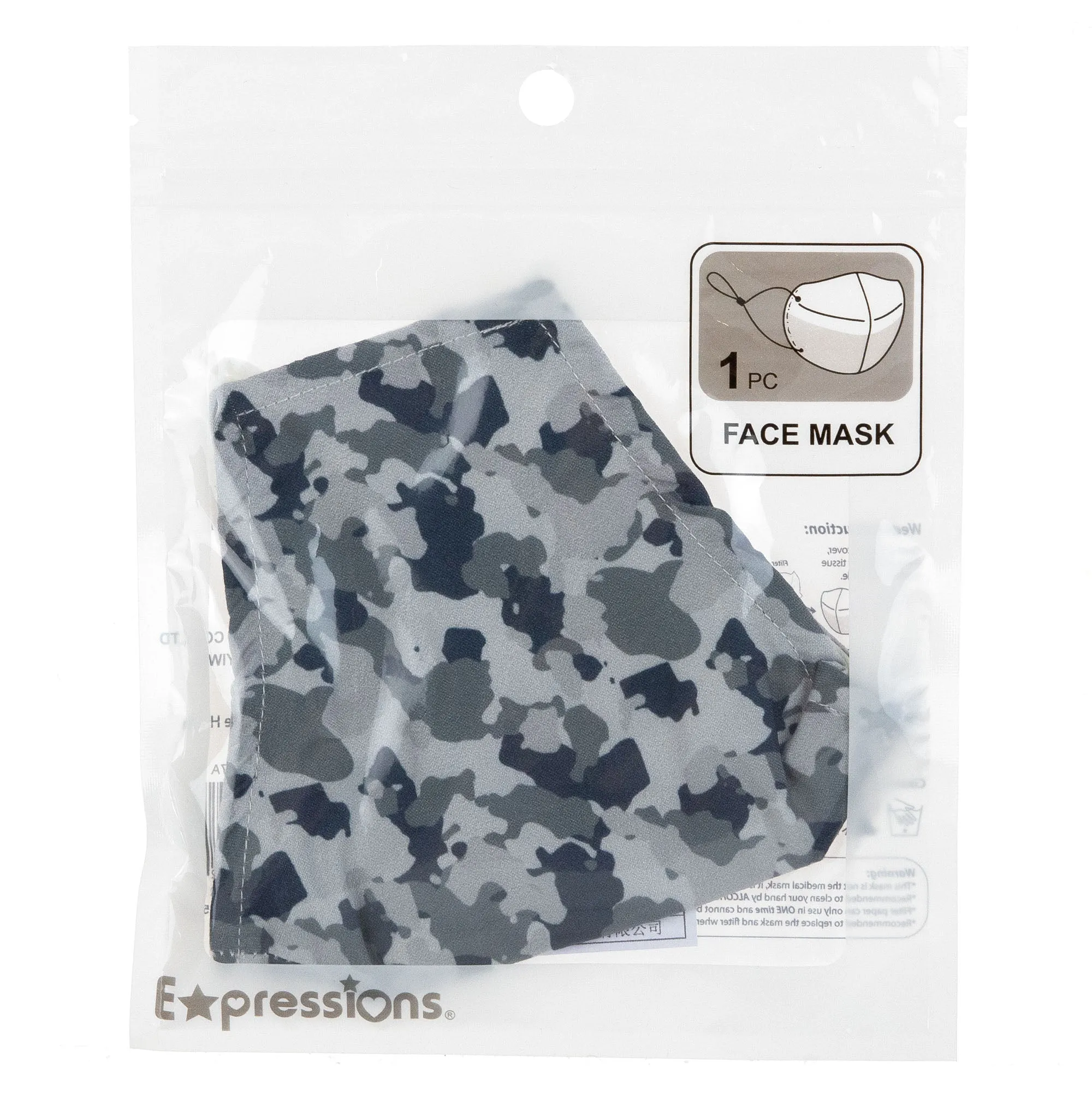 Expressions 3-Layer Protective Face Mask – Men’s CAMO Patterned Adjustable Face Covering - Item #ANW18153
