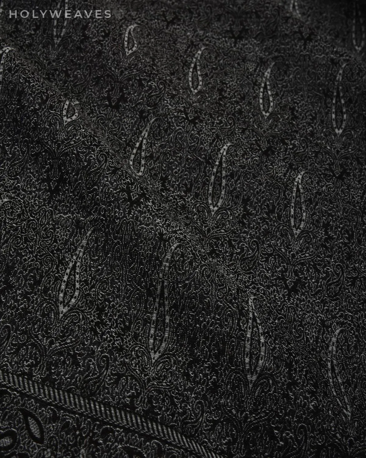Gray on Black Banarasi Alfi Paisley Jamawar Handwoven Silk-wool Shawl