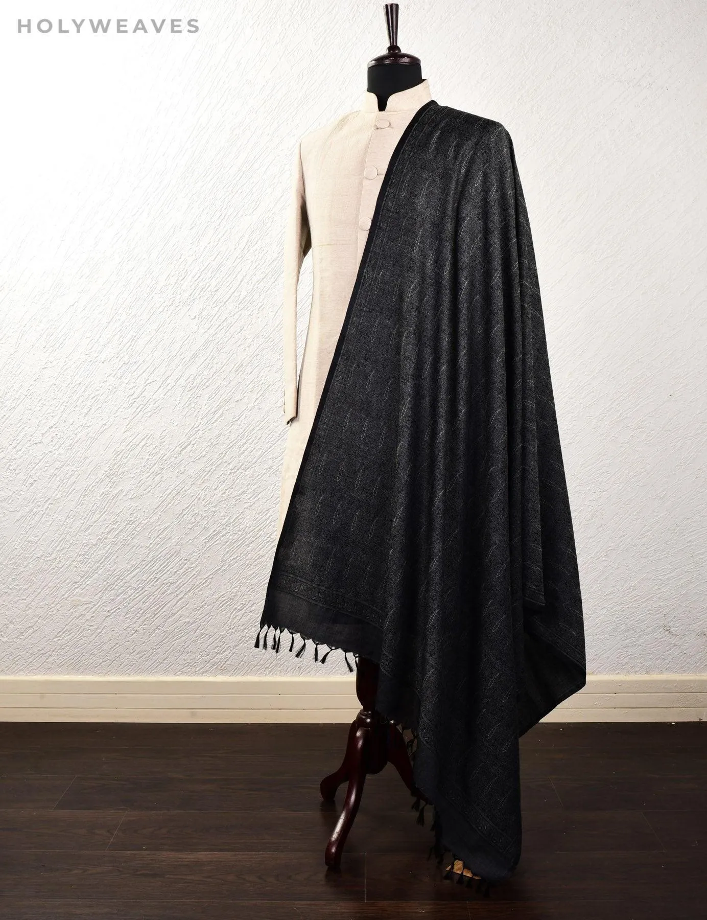 Gray on Black Banarasi Alfi Paisley Jamawar Handwoven Silk-wool Shawl