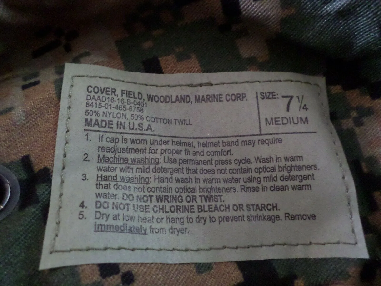 MARINE CORPS BOONIE HAT USMC DIGITAL WOODLAND MARPAT CAMOUFLAGE MEDIUM 7.25 USA