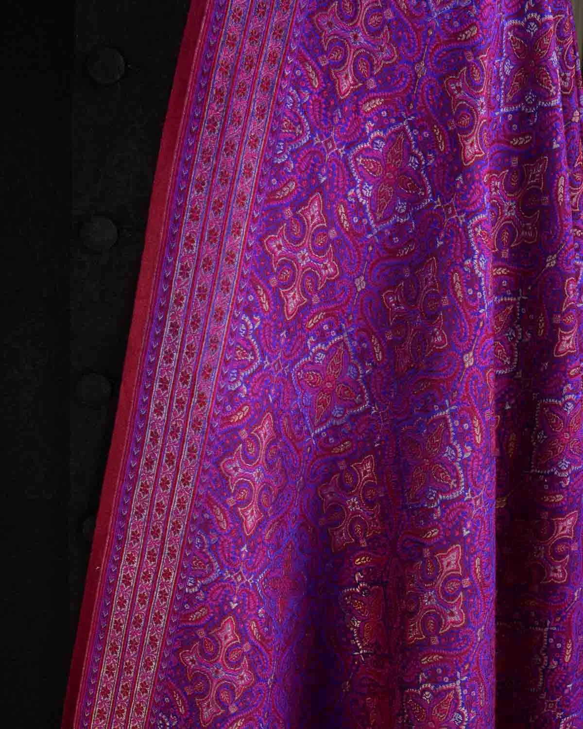 Maroon On Purple Tehra Traditional Jamawar Handwoven Silk Wool Unisex Dress Shawl with Gold Zari