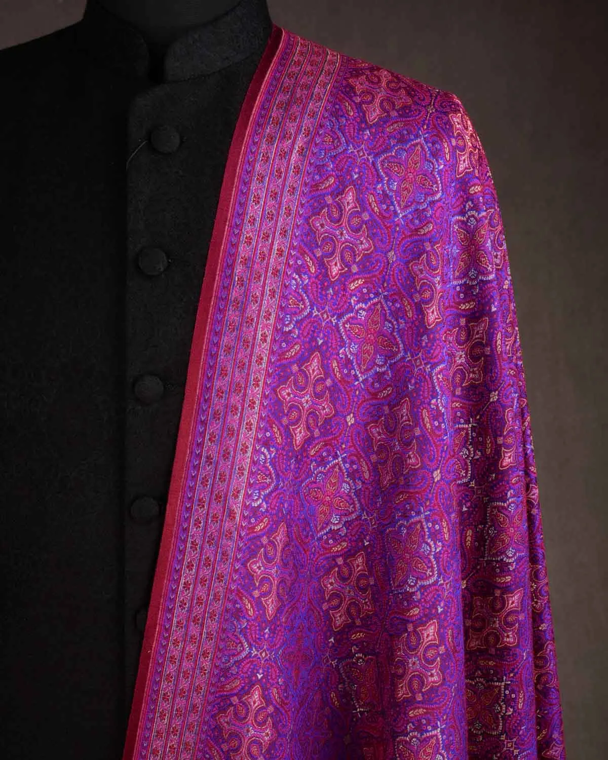 Maroon On Purple Tehra Traditional Jamawar Handwoven Silk Wool Unisex Dress Shawl with Gold Zari