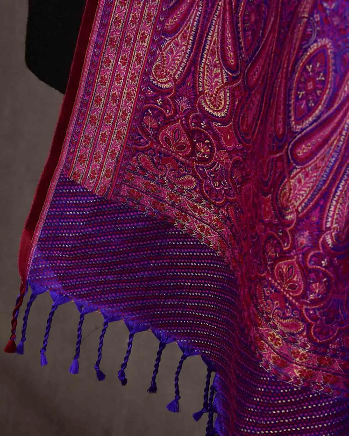 Maroon On Purple Tehra Traditional Jamawar Handwoven Silk Wool Unisex Dress Shawl with Gold Zari