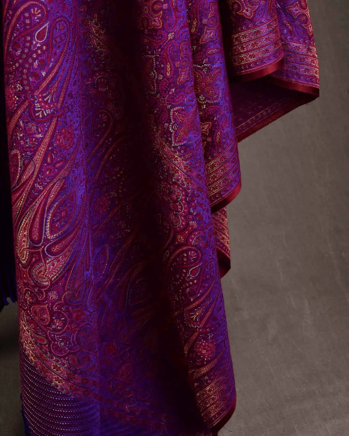 Maroon On Purple Tehra Traditional Jamawar Handwoven Silk Wool Unisex Dress Shawl with Gold Zari