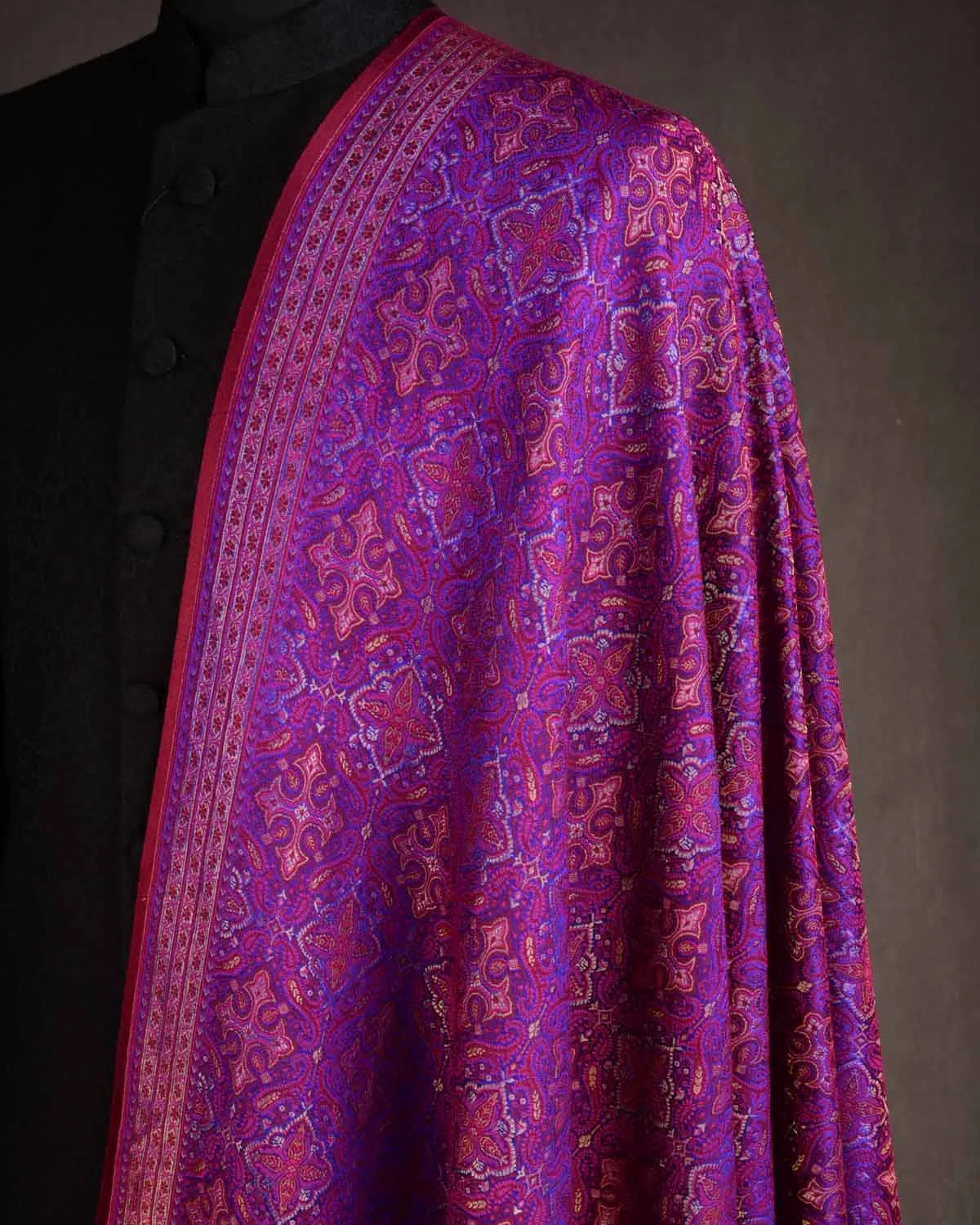 Maroon On Purple Tehra Traditional Jamawar Handwoven Silk Wool Unisex Dress Shawl with Gold Zari