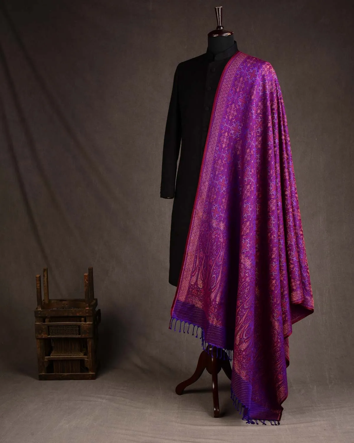 Maroon On Purple Tehra Traditional Jamawar Handwoven Silk Wool Unisex Dress Shawl with Gold Zari