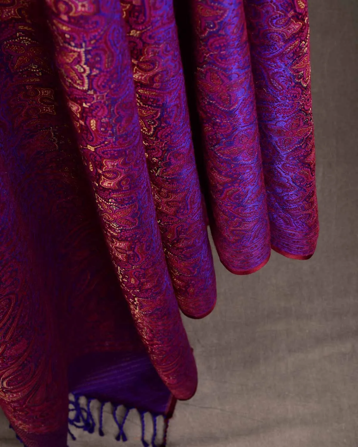 Maroon On Purple Tehra Traditional Jamawar Handwoven Silk Wool Unisex Dress Shawl with Gold Zari