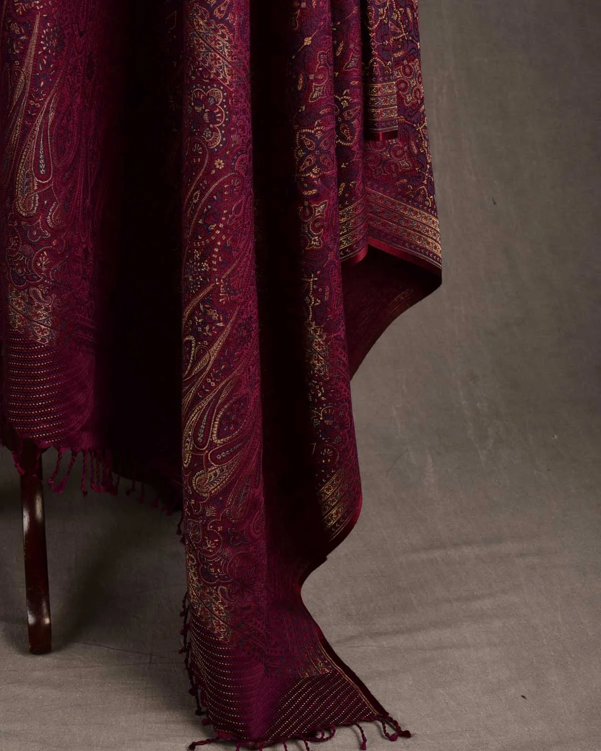 Maroon Tehra Traditional Jamawar Handwoven Silk Wool Unisex Dress Shawl with Gold Zari