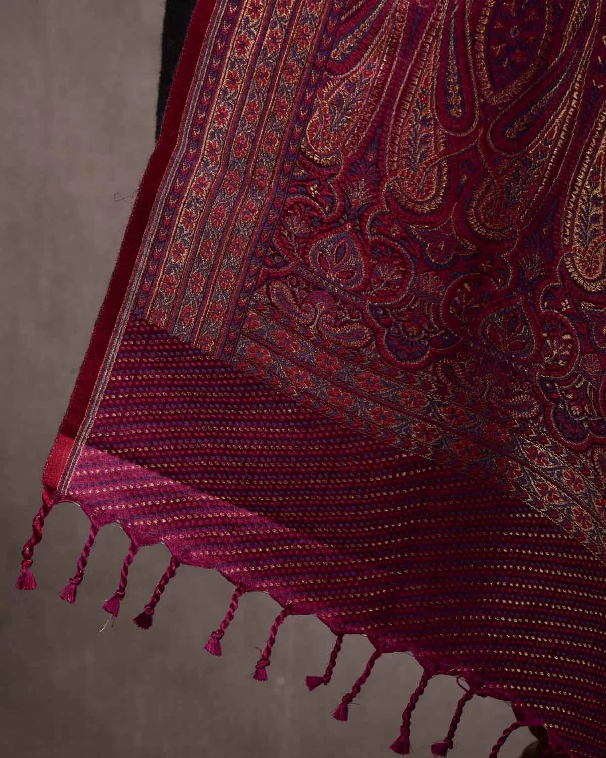 Maroon Tehra Traditional Jamawar Handwoven Silk Wool Unisex Dress Shawl with Gold Zari