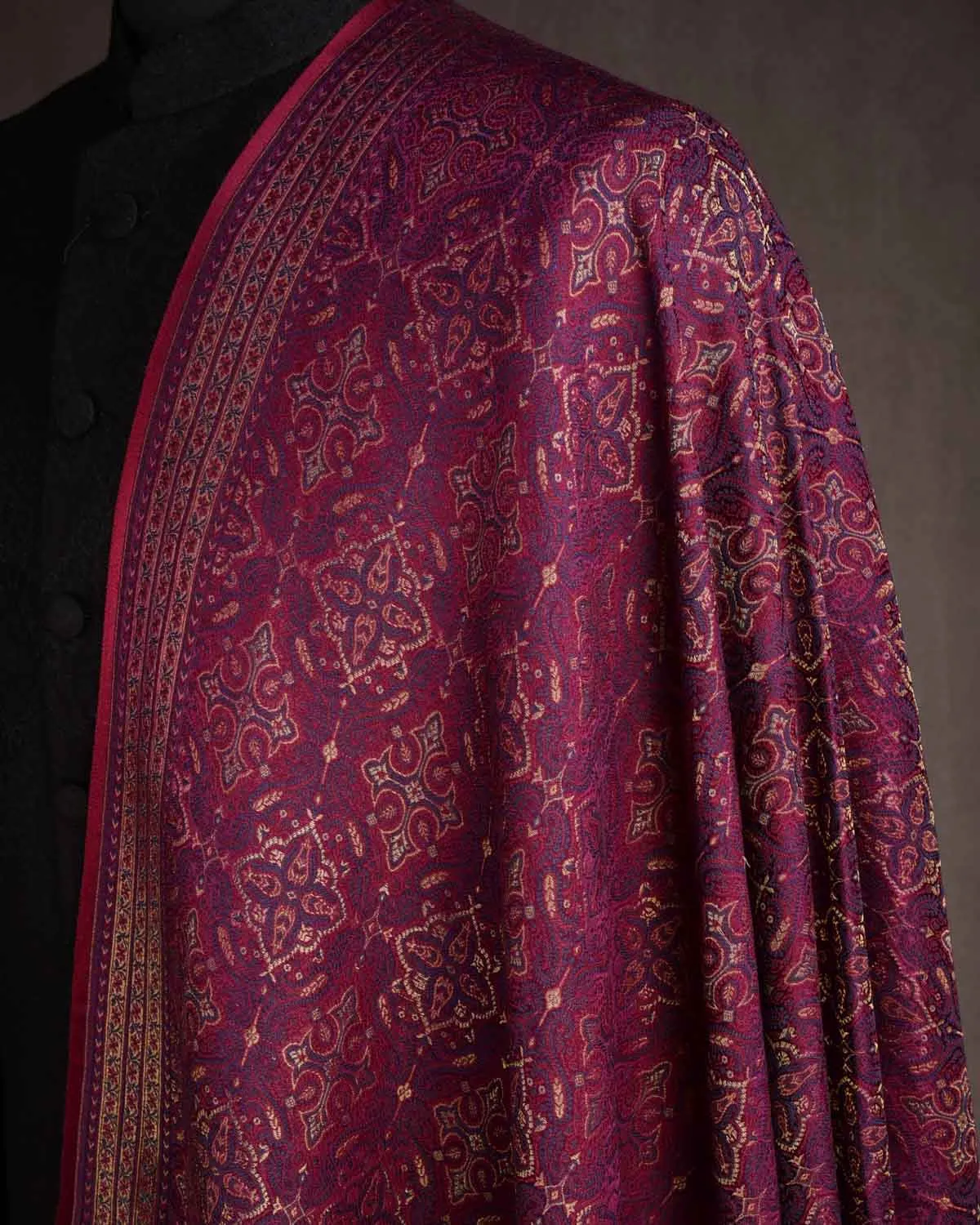 Maroon Tehra Traditional Jamawar Handwoven Silk Wool Unisex Dress Shawl with Gold Zari