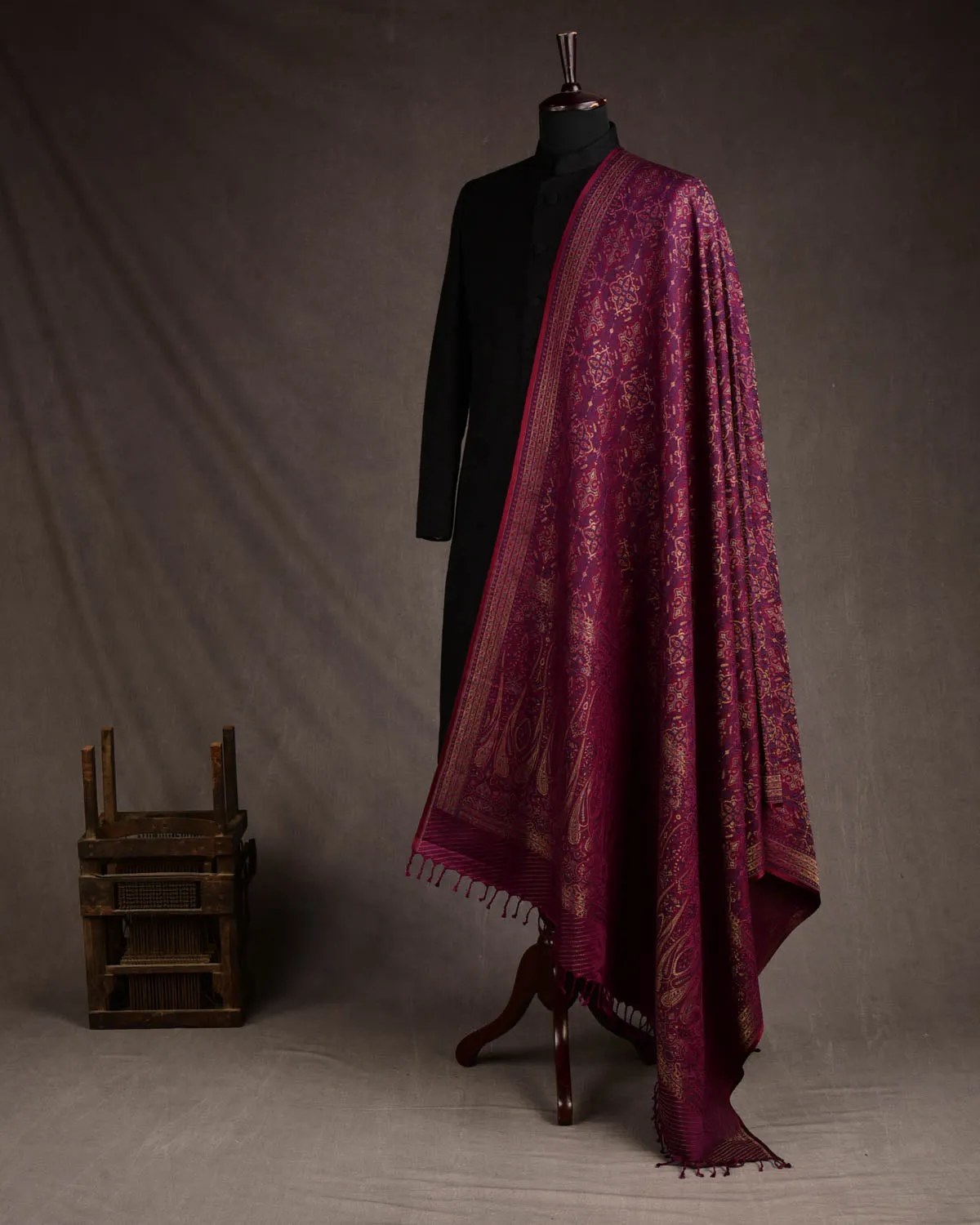 Maroon Tehra Traditional Jamawar Handwoven Silk Wool Unisex Dress Shawl with Gold Zari