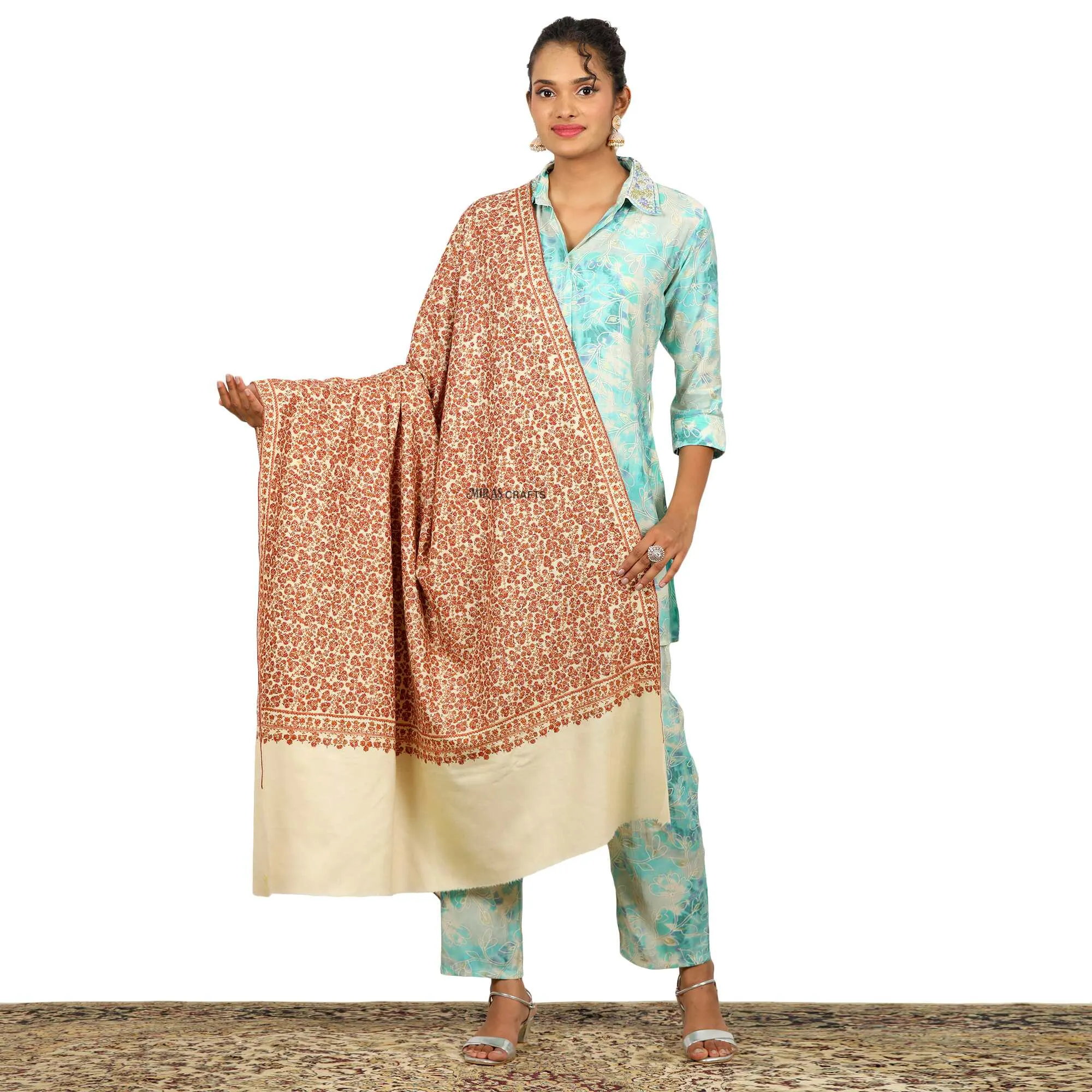 Miras Crafts Women's Fine SOZNI Kashmiri Hand Embroidery JAMA SHAWL, 100% Pure Pashmina, Soft and Warm,