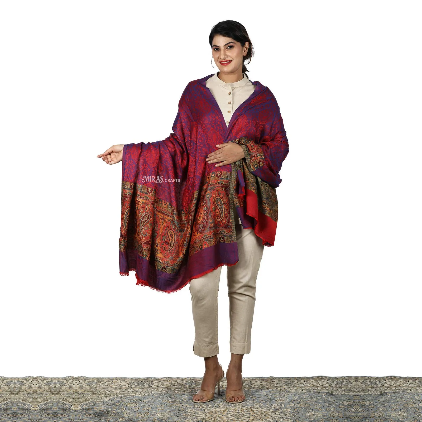 Miras Crafts Women's Kani Self Pala Shawl Soft - Purple