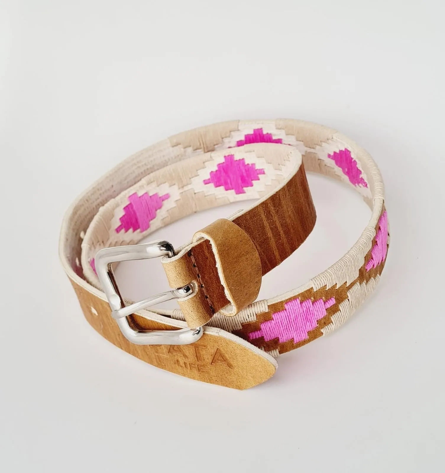 PATA LIFESTYLE Rawhide Belt with Pink and Beige