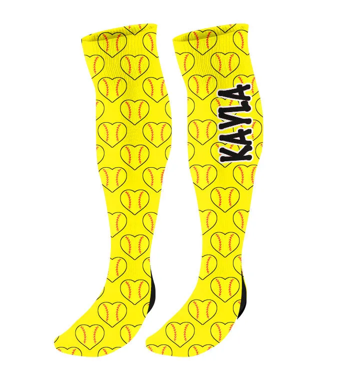 Personalized Softball Knee High Socks with Mini Heart Softballs