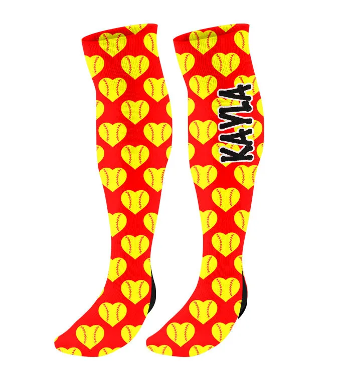 Personalized Softball Knee High Socks with Mini Heart Softballs