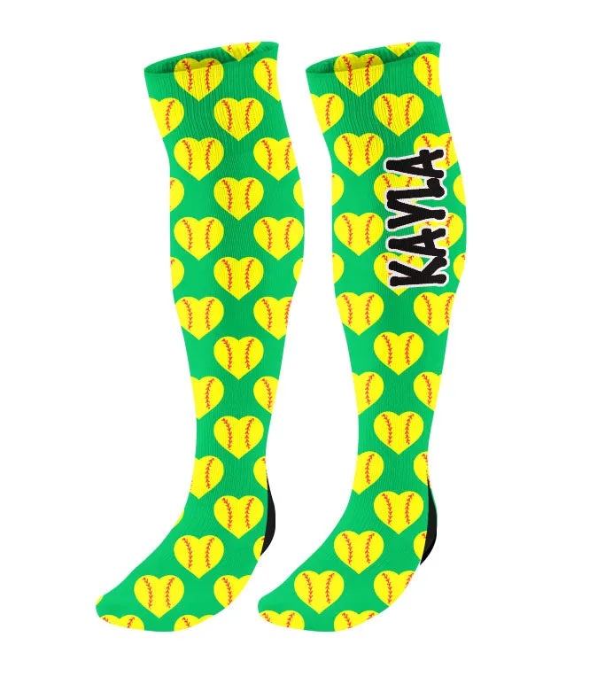Personalized Softball Knee High Socks with Mini Heart Softballs