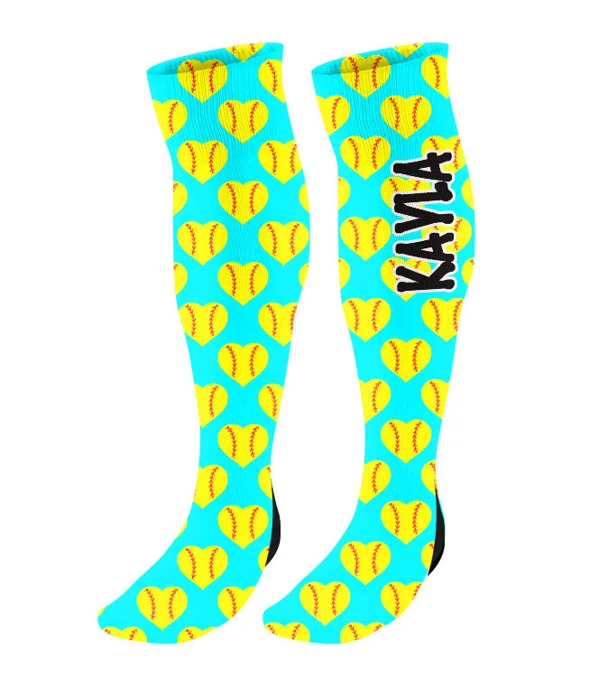 Personalized Softball Knee High Socks with Mini Heart Softballs