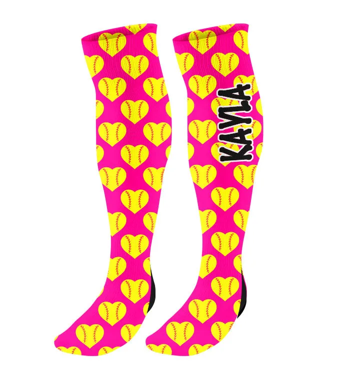 Personalized Softball Knee High Socks with Mini Heart Softballs