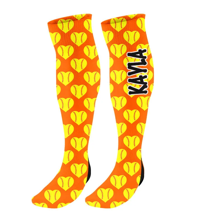 Personalized Softball Knee High Socks with Mini Heart Softballs