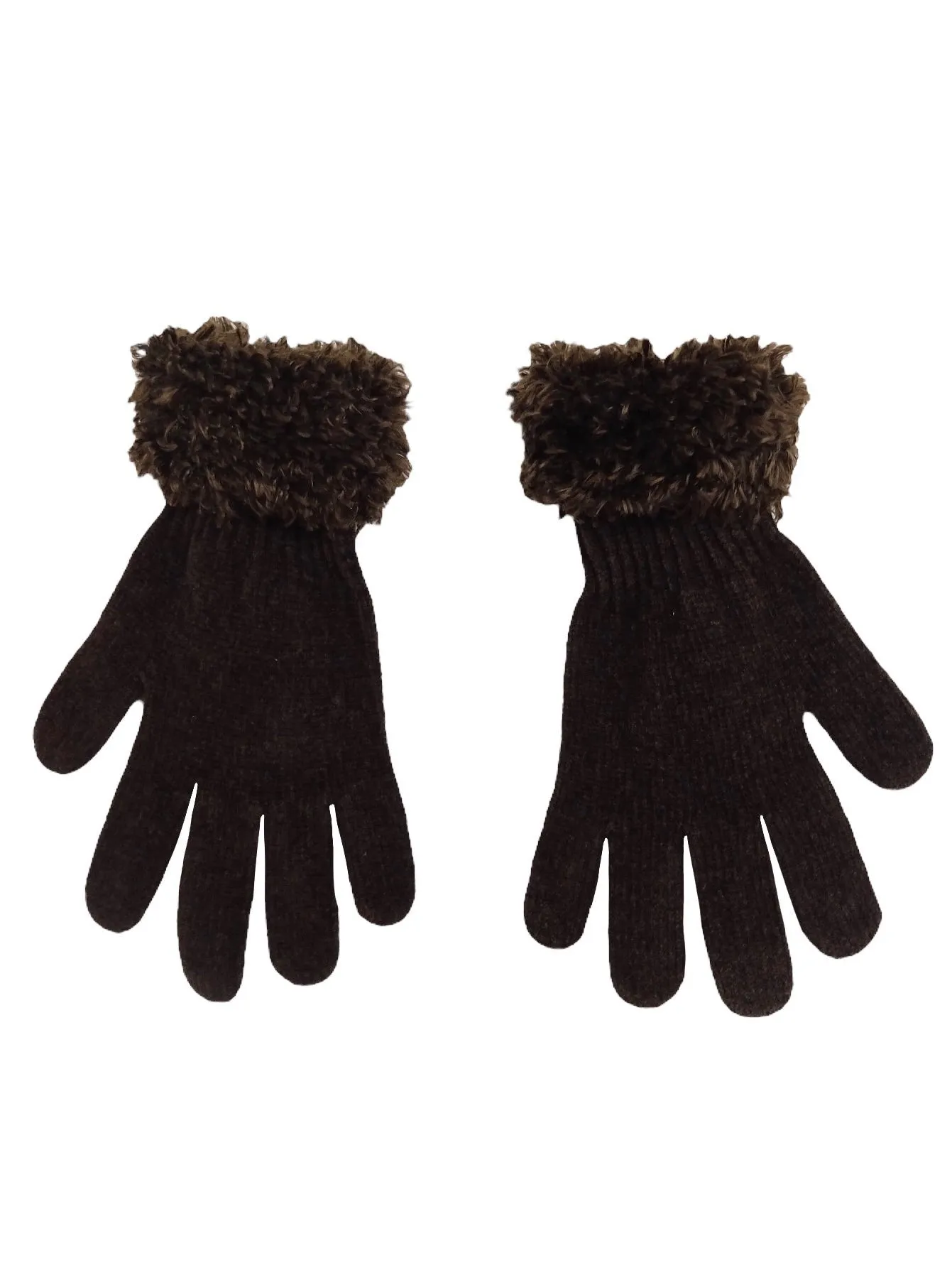 Vintage 90s Y2K Chic Bohemian Preppy Brown Velour Velvet Gloves with Fuzzy Trim