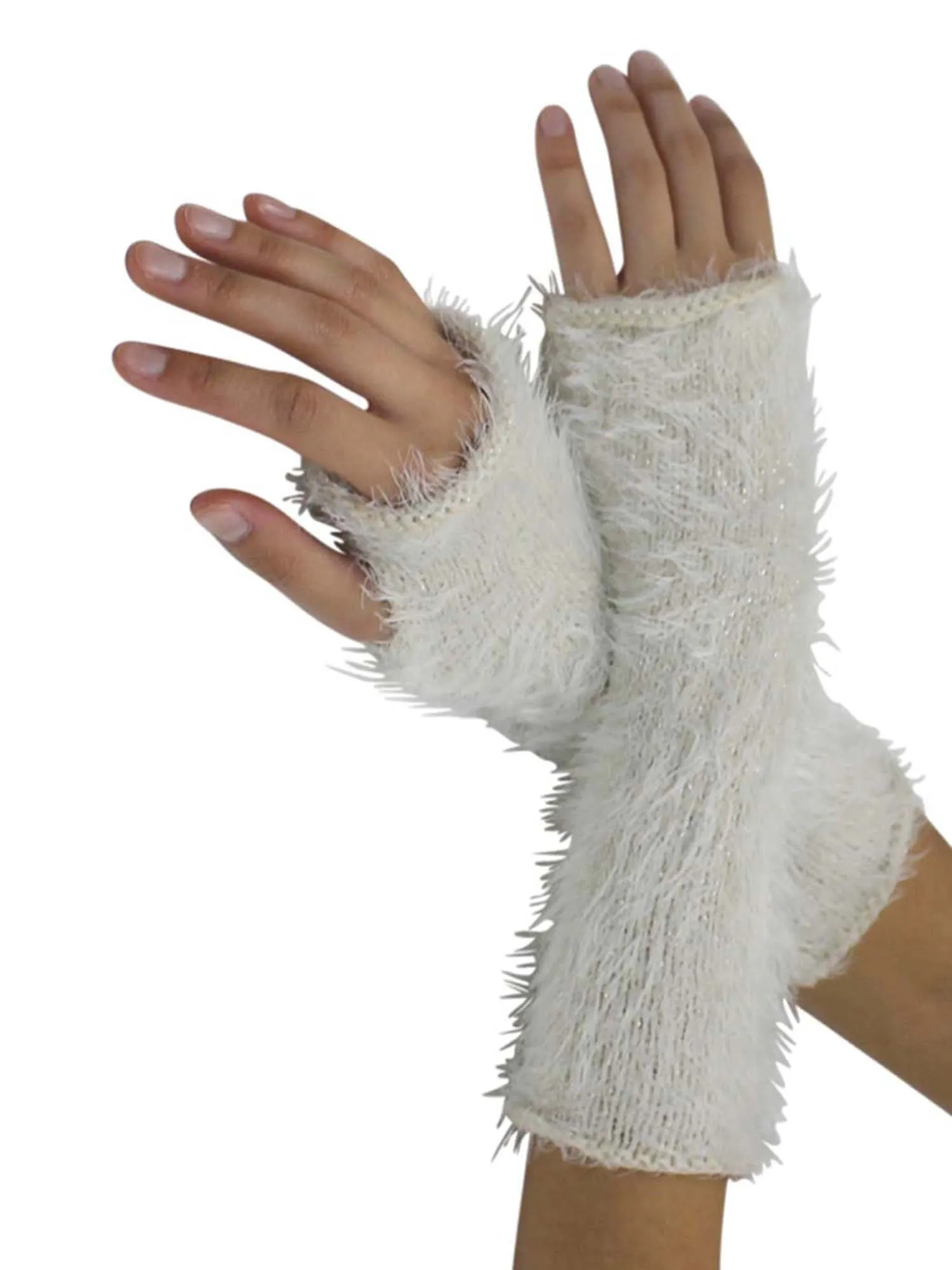 White Metallic Fuzzy Knit Fingerless Arm Warmers